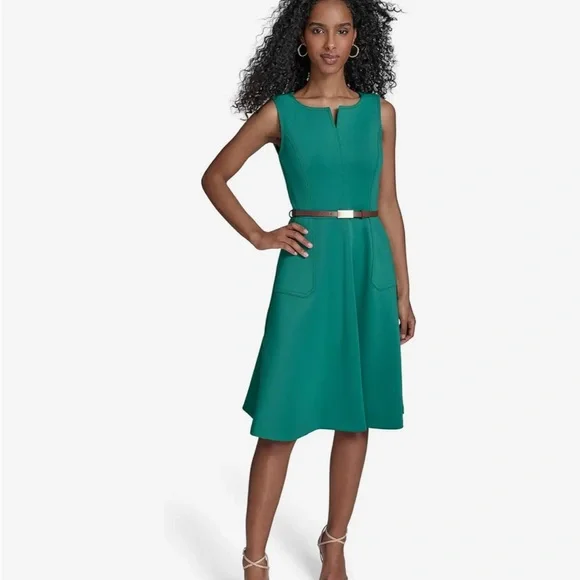 NWT Calvin Klein Midi Sleeveless Scuba Dress with Belt Sz 10 - Picture 1 of 10